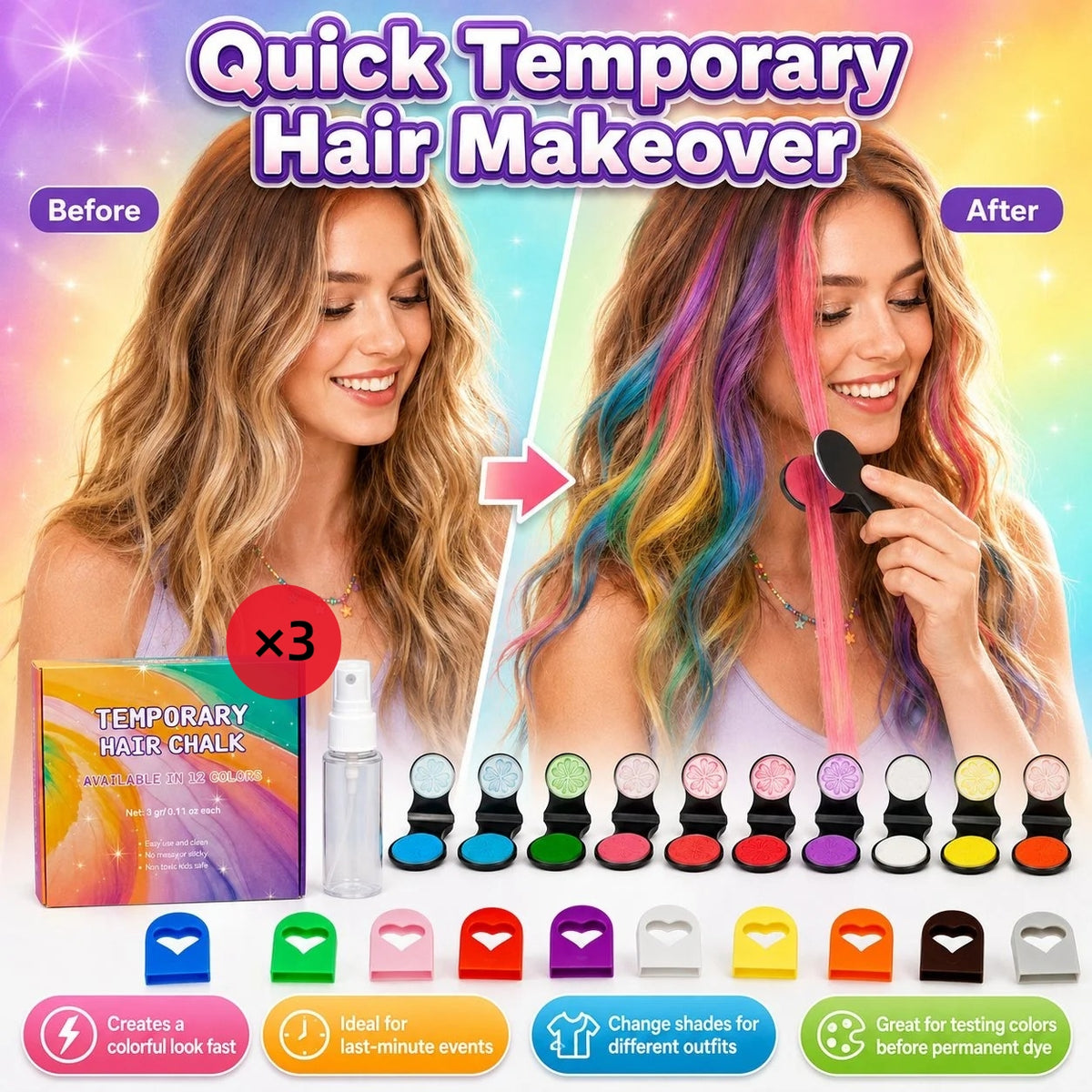 🔥Last Day 50% OFF - 🌈12-Color Temporary Hair Chalk Applicator Set
