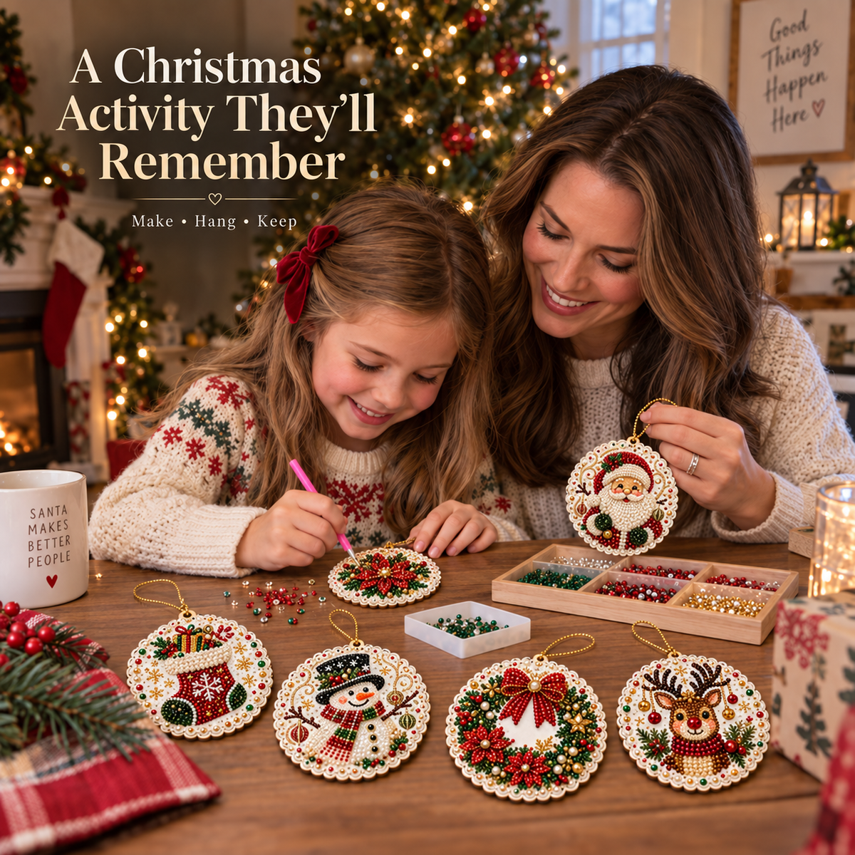 Mother and daughter making Christmas diamond painting ornaments together