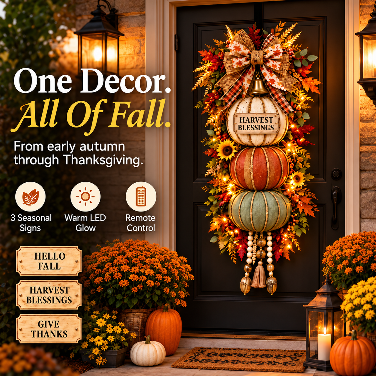 🏡🎃Lighted Stacked Pumpkin Fall Door Decor with 3 Seasonal Plaques