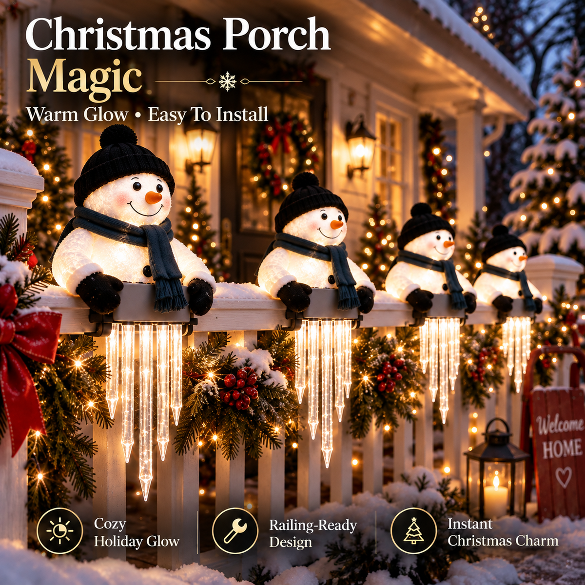 ☃️ Lighted Snowman Railing Decor with Icicle Lights