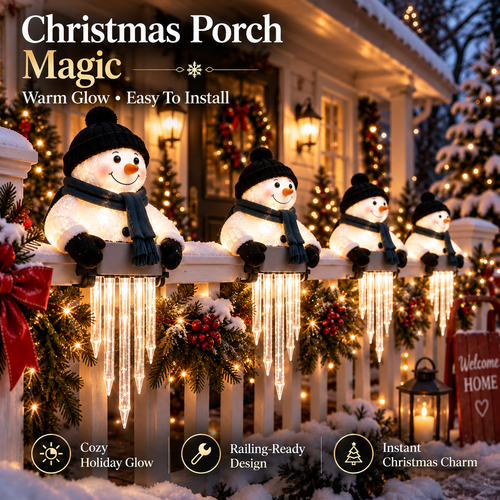 ☃️ Lighted Snowman Railing Decor with Icicle Lights