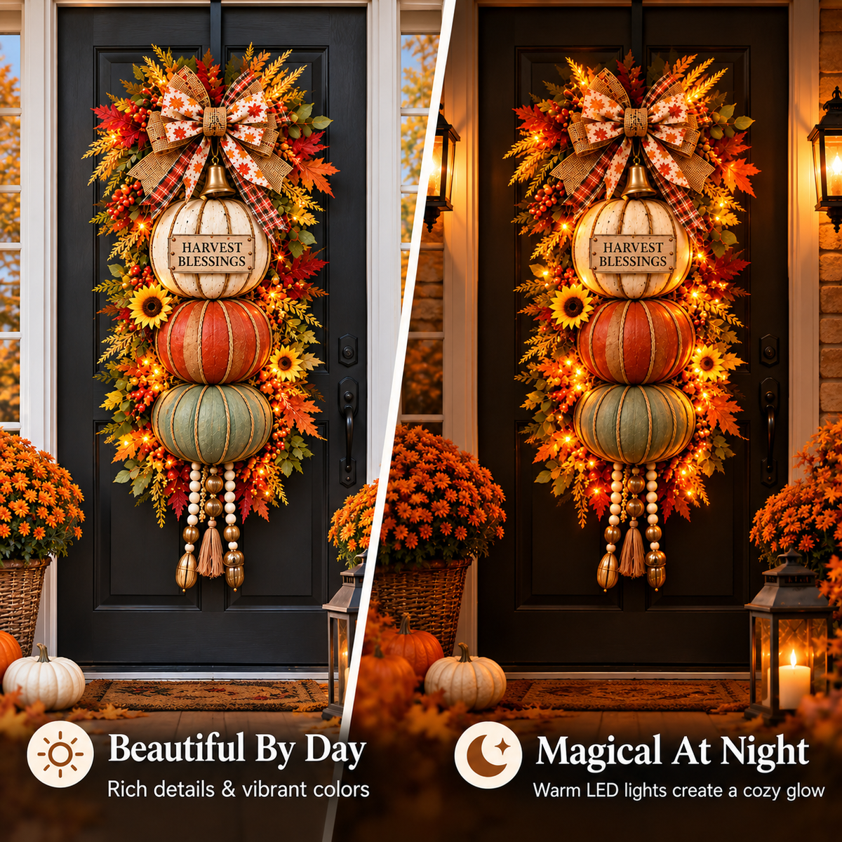 🏡🎃Lighted Stacked Pumpkin Fall Door Decor with 3 Seasonal Plaques