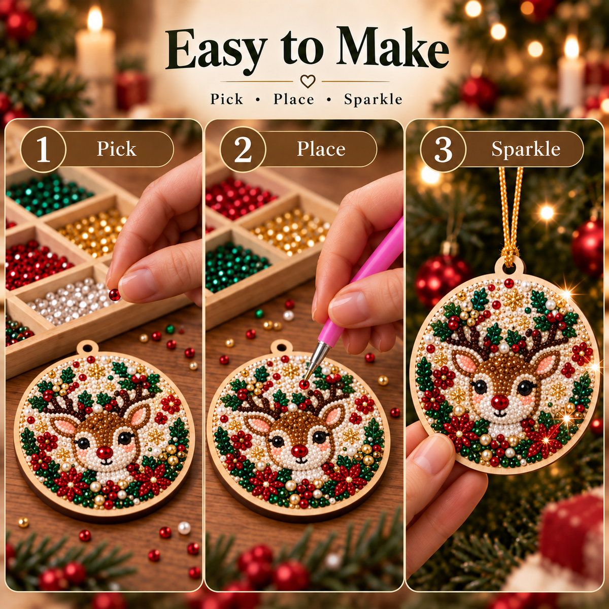 🎁 6-Pack DIY Christmas Tree Ornaments ✨ Wooden Diamond Painting & Rhinestone Craft Kit