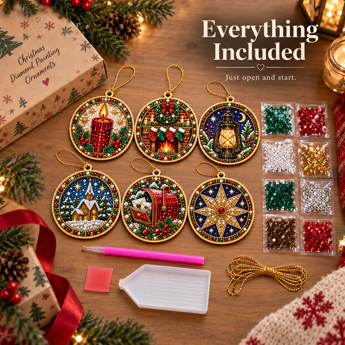 Christmas diamond painting ornament kit with six designs and crafting supplies
