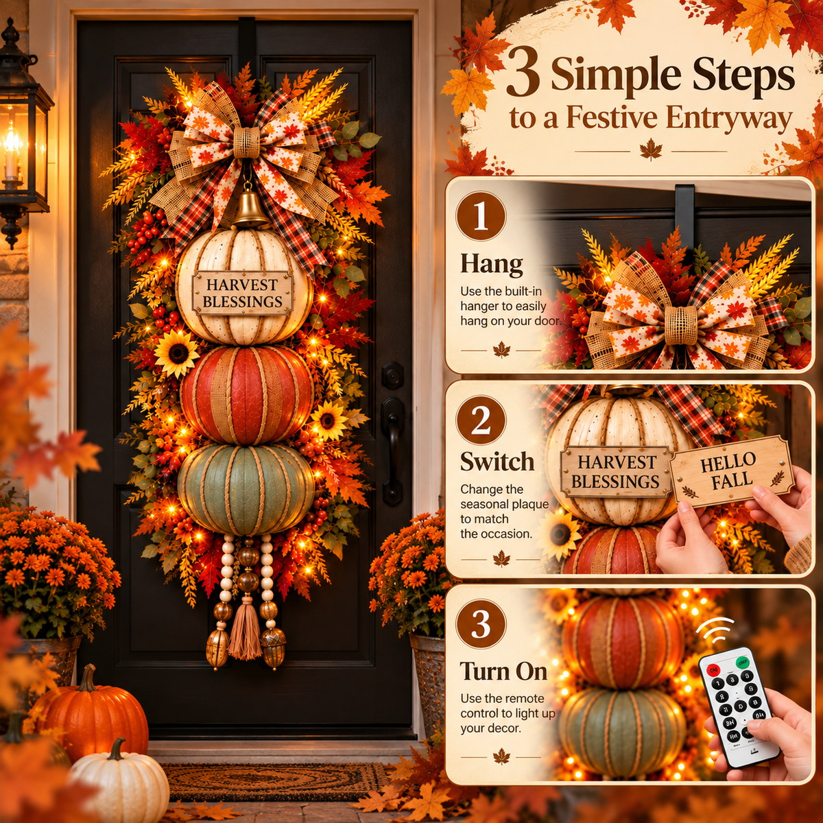 🏡🎃Lighted Stacked Pumpkin Fall Door Decor with 3 Seasonal Plaques