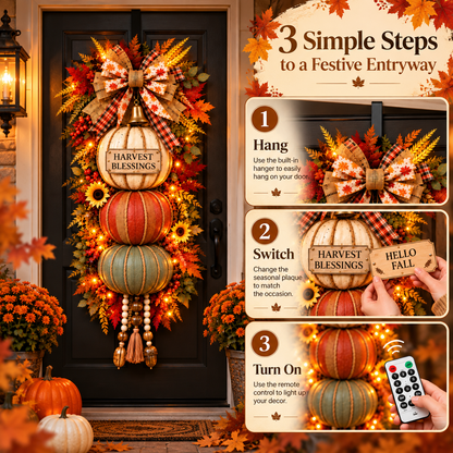 🏡🎃Lighted Stacked Pumpkin Fall Door Decor with 3 Seasonal Plaques