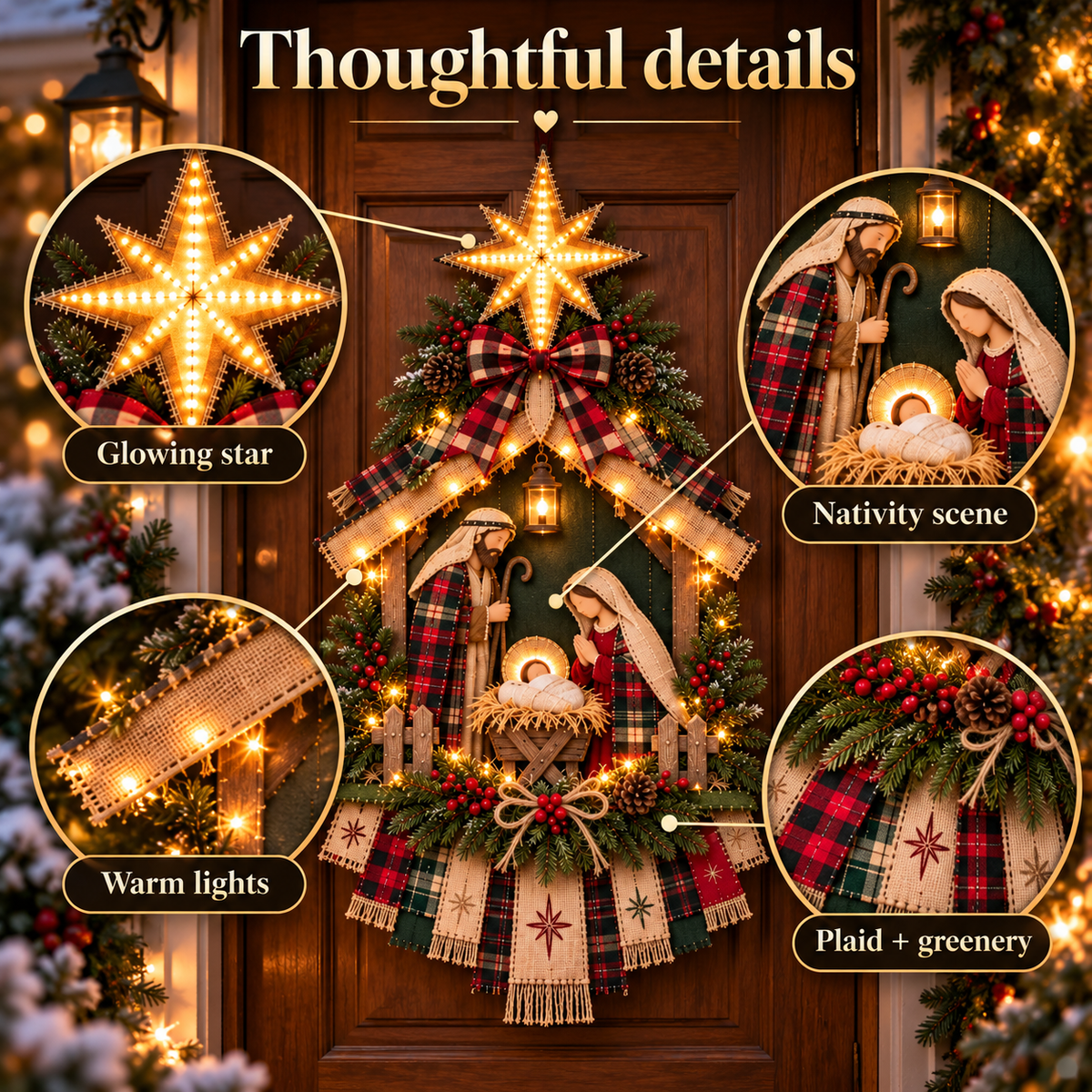 Close-up Christmas Nativity details including glowing star warm lights plaid and greenery