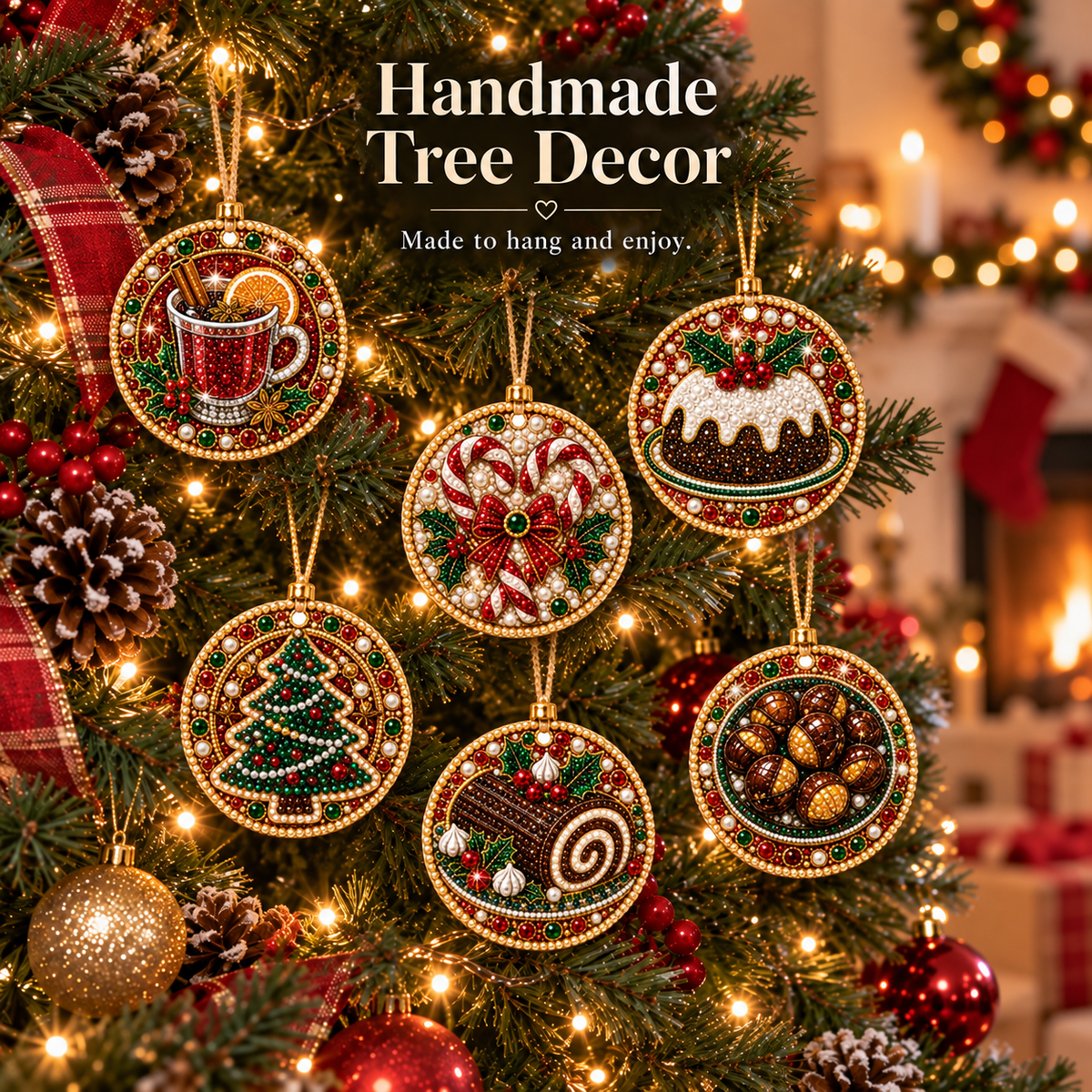 Finished handmade diamond painting Christmas ornaments displayed on a Christmas tree