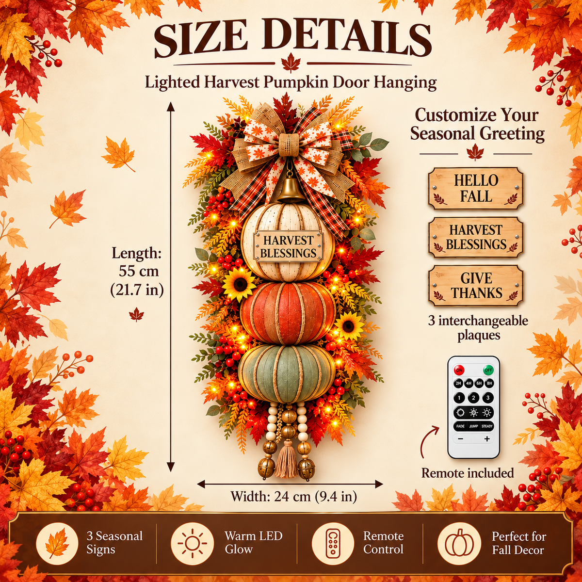 🏡🎃Lighted Stacked Pumpkin Fall Door Decor with 3 Seasonal Plaques