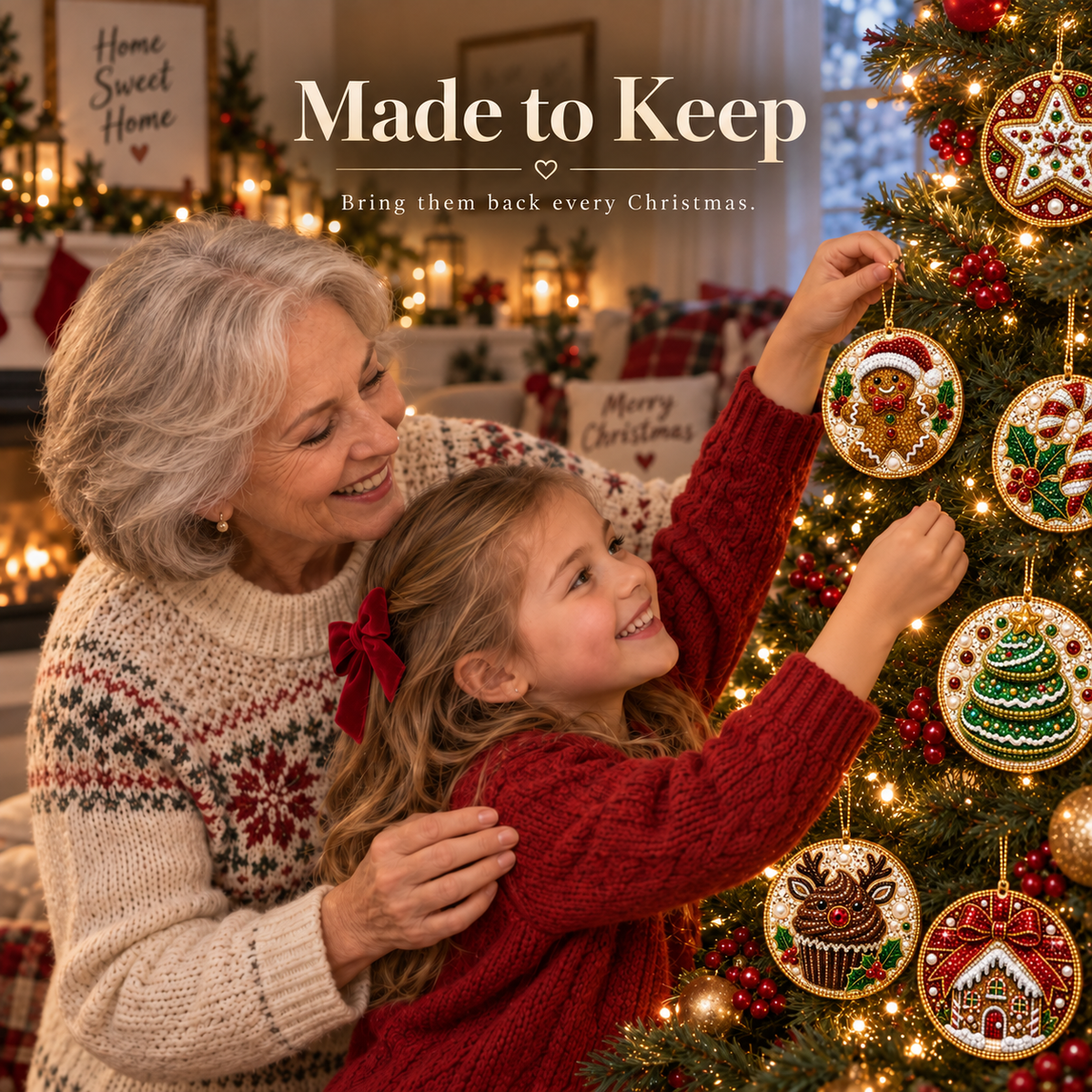 Grandmother and granddaughter hanging handmade Christmas ornaments together