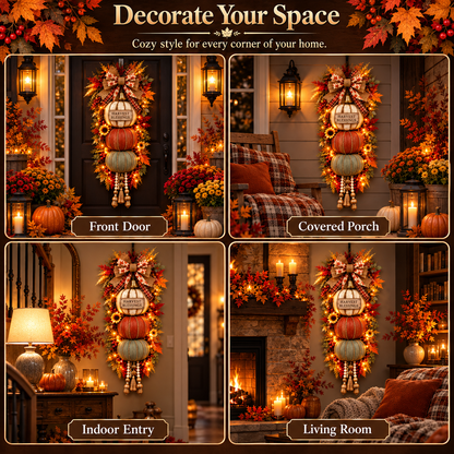 🏡🎃Lighted Stacked Pumpkin Fall Door Decor with 3 Seasonal Plaques
