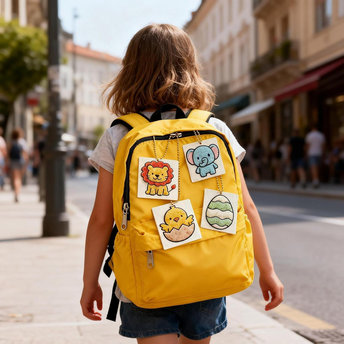 Kids displaying handmade 3D art on a backpack