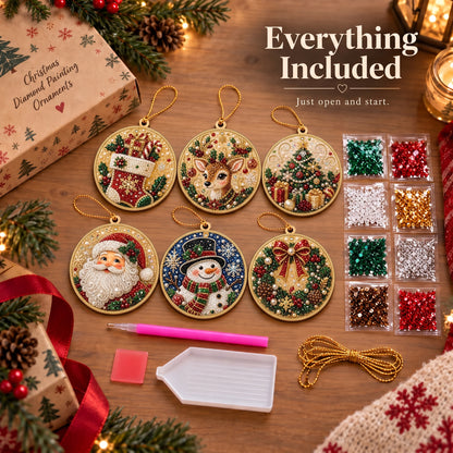 🎁 6-Pack DIY Christmas Tree Ornaments ✨ Wooden Diamond Painting & Rhinestone Craft Kit