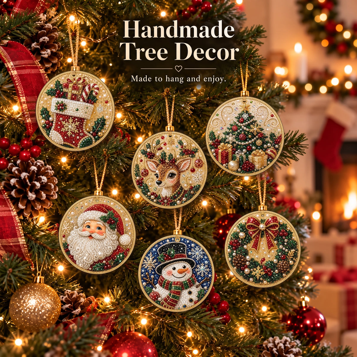 🎁 6-Pack DIY Christmas Tree Ornaments ✨ Wooden Diamond Painting & Rhinestone Craft Kit