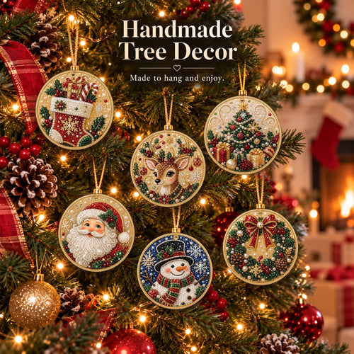 🎁 6-Pack DIY Christmas Tree Ornaments ✨ Wooden Diamond Painting & Rhinestone Craft Kit