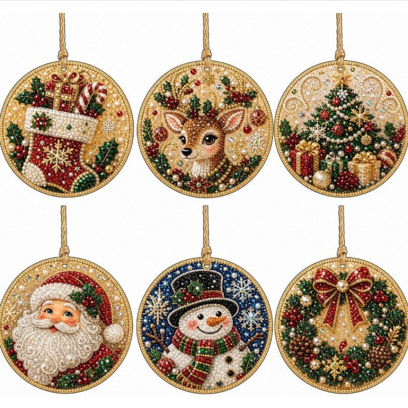 🎁 6-Pack DIY Christmas Tree Ornaments ✨ Wooden Diamond Painting & Rhinestone Craft Kit