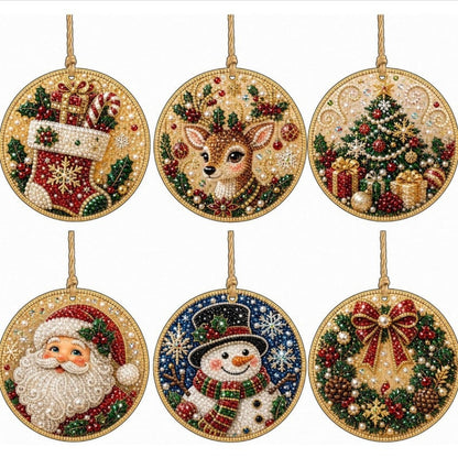 🎁 6-Pack DIY Christmas Tree Ornaments ✨ Wooden Diamond Painting & Rhinestone Craft Kit