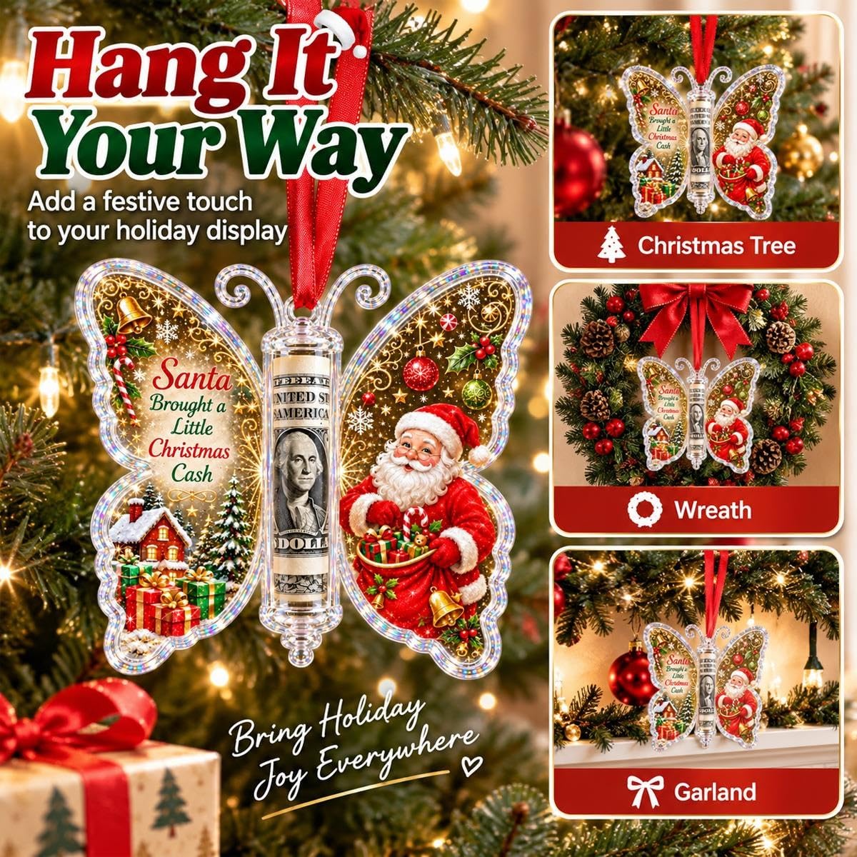 🦋 Christmas Cash Gift Butterfly Ornament – Holiday Money Holder Keepsake 💵
