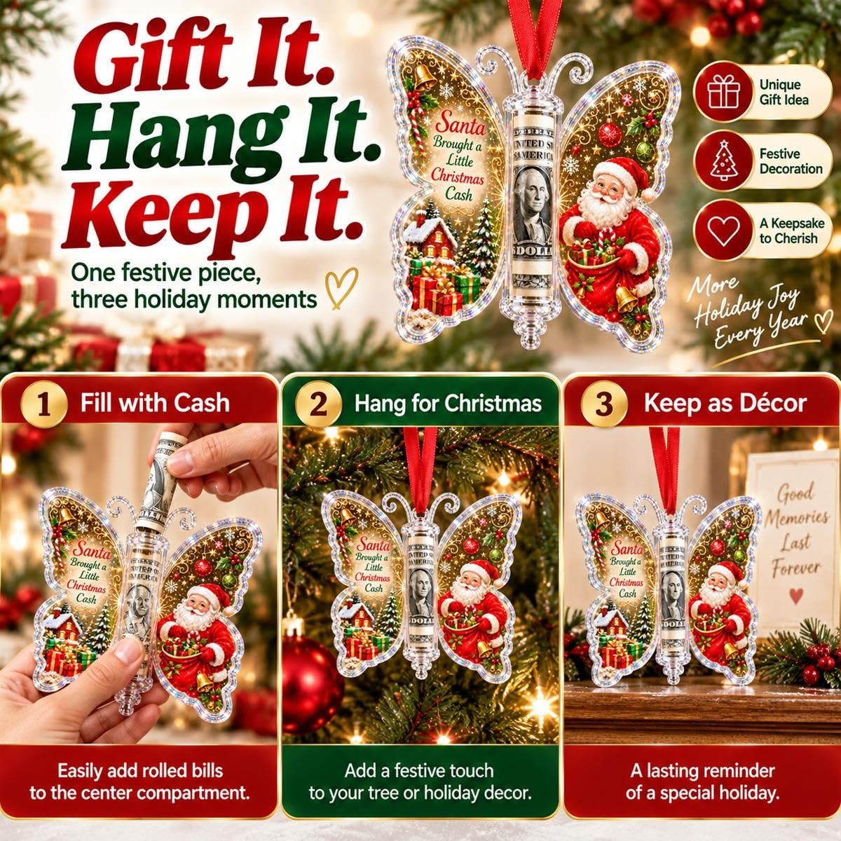 🦋 Christmas Cash Gift Butterfly Ornament – Holiday Money Holder Keepsake 💵